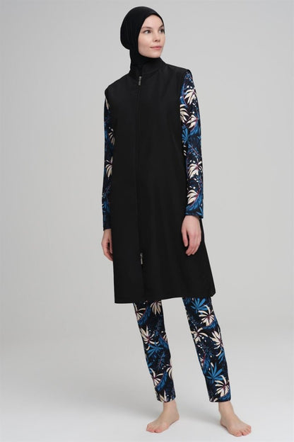Haşema Nehar Blue Leaf Patterned Black Sleeveless Full Coverage Hijab Swimsuit Set 2226 - ihvan