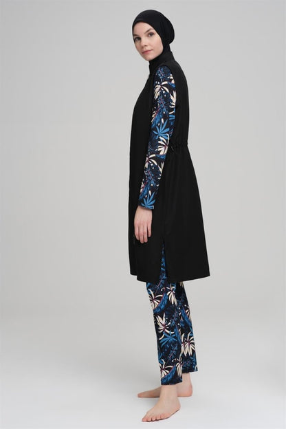 Haşema Nehar Blue Leaf Patterned Black Sleeveless Full Coverage Hijab Swimsuit Set 2226 - ihvan