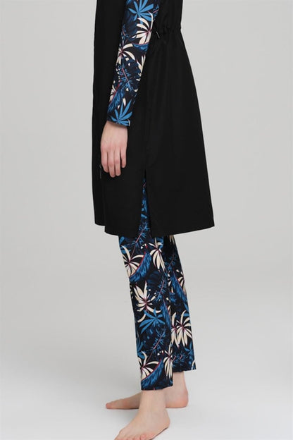 Haşema Nehar Blue Leaf Patterned Black Sleeveless Full Coverage Hijab Swimsuit Set 2226 - ihvan