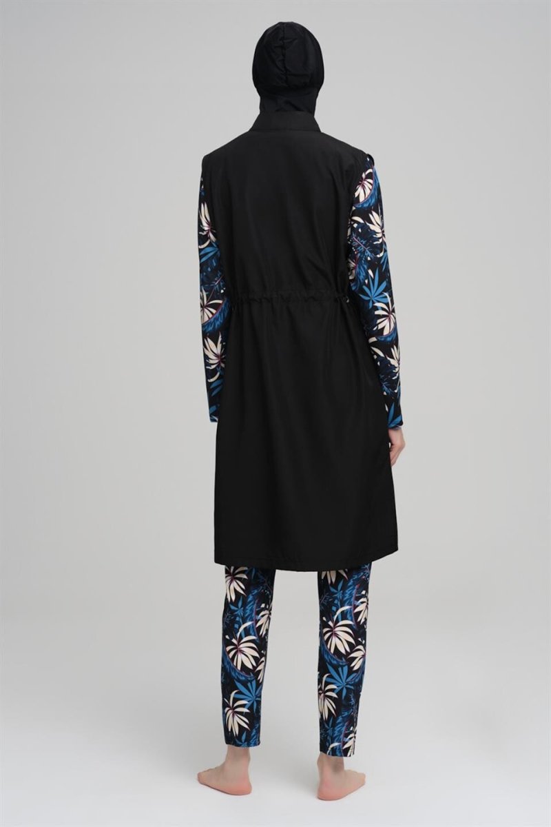 Haşema Nehar Blue Leaf Patterned Black Sleeveless Full Coverage Hijab Swimsuit Set 2226 - ihvan