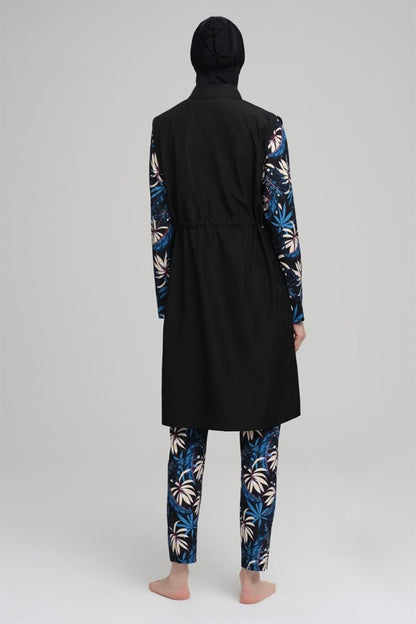 Haşema Nehar Blue Leaf Patterned Black Sleeveless Full Coverage Hijab Swimsuit Set 2226 - ihvan