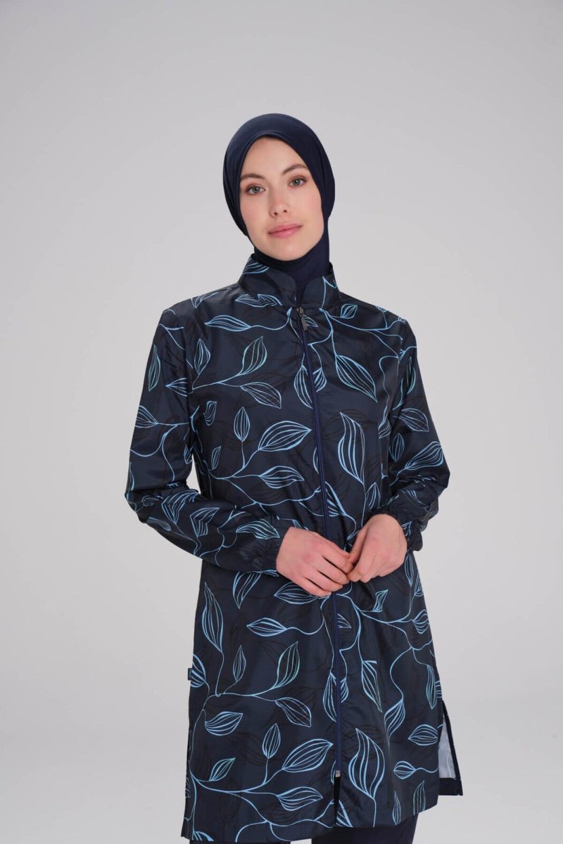 Haşema Nehar Leaf Pattern Navy Blue Woven 3 - Piece Modest Swimsuit Set 2259 - ihvan