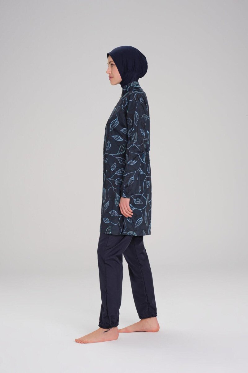 Haşema Nehar Leaf Pattern Navy Blue Woven 3 - Piece Modest Swimsuit Set 2259 - ihvan