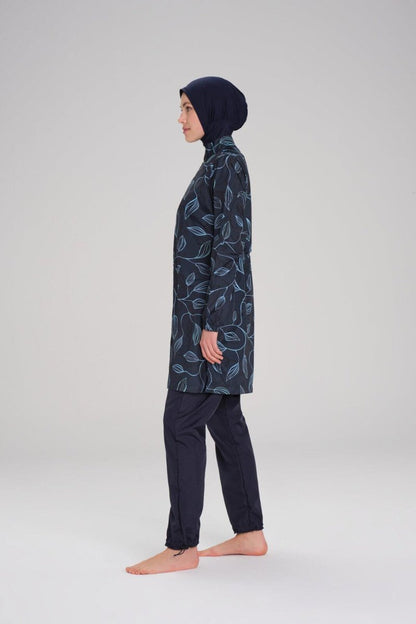 Haşema Nehar Leaf Patterned Navy Blue Woven 3-Piece Burkini Set 2259 - ihvan