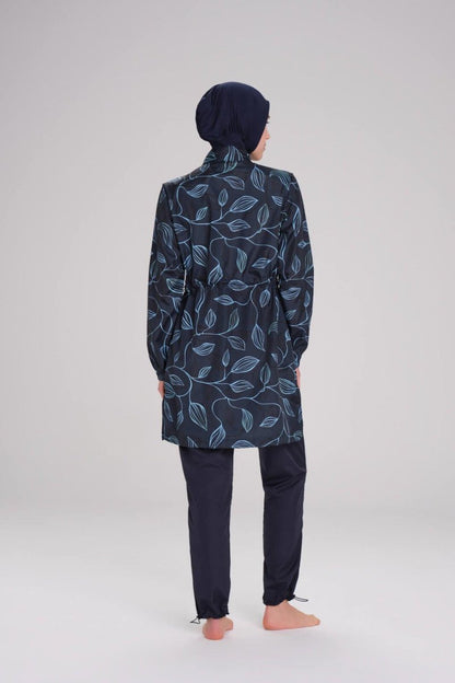 Haşema Nehar Leaf Patterned Navy Blue Woven 3-Piece Burkini Set 2259 - ihvan
