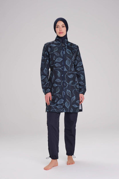 Haşema Nehar Leaf Patterned Navy Blue Woven 3-Piece Burkini Set 2259 - ihvan