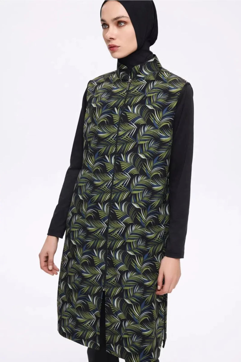 Haşema Nehar Patterned Body 3-Piece Woven Full-Covered Burkini Set 22-75 Black Green - ihvan