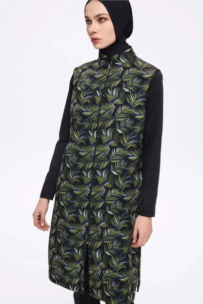 Haşema Nehar Patterned Body 3-Piece Woven Full-Covered Burkini Set 22-75 Black Green - ihvan