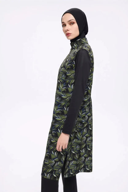 Haşema Nehar Patterned Body 3-Piece Woven Full-Covered Burkini Set 22-75 Black Green - ihvan
