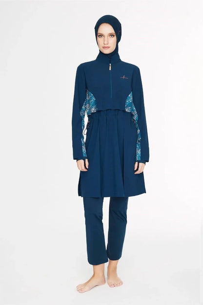 Haşema Oasis Collection Underarm Patterned 5-Piece Full-Covered Burkini Set 5089 Petrol Blue - ihvan