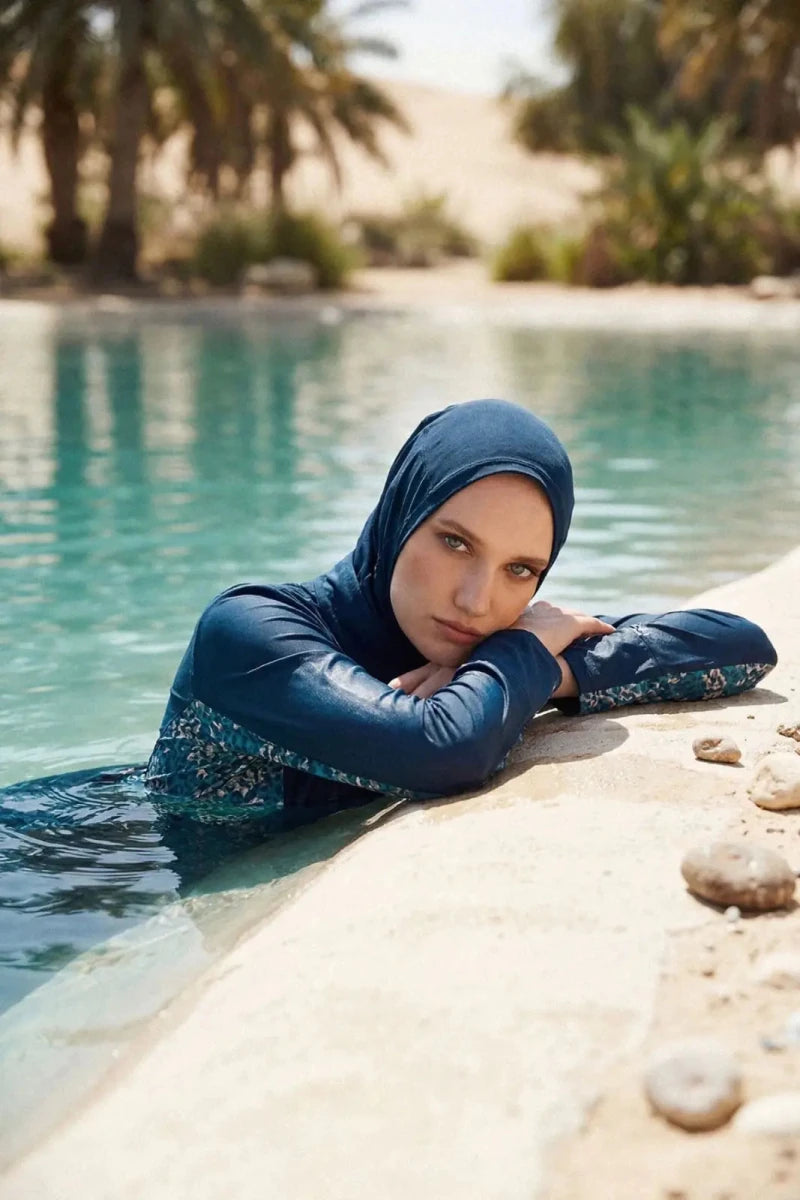 Haşema Oasis Collection Underarm Patterned 5-Piece Full-Covered Burkini Set 5089 Petrol Blue - ihvan