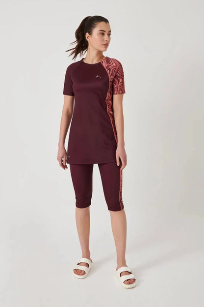 Haşema Patterned Sleeve 3-Piece Semi-Covered Swimwear Set HSM-3085 Damson - ihvan