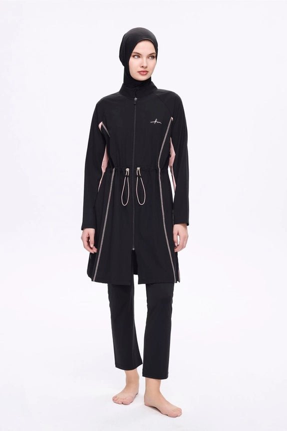 Haşema Pera Piping Detailed Black 5-Piece Full-Covered Burkini Set 5009-25 Pink - ihvan