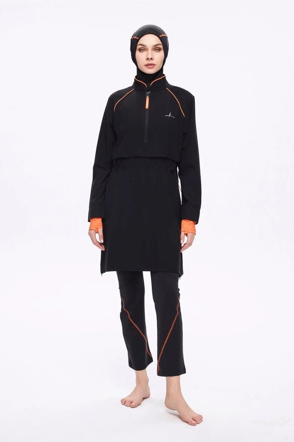 Haşema Performance Series Orange Piping 5-Piece Full-Covered Burkini Set 2019-25 Black - ihvan