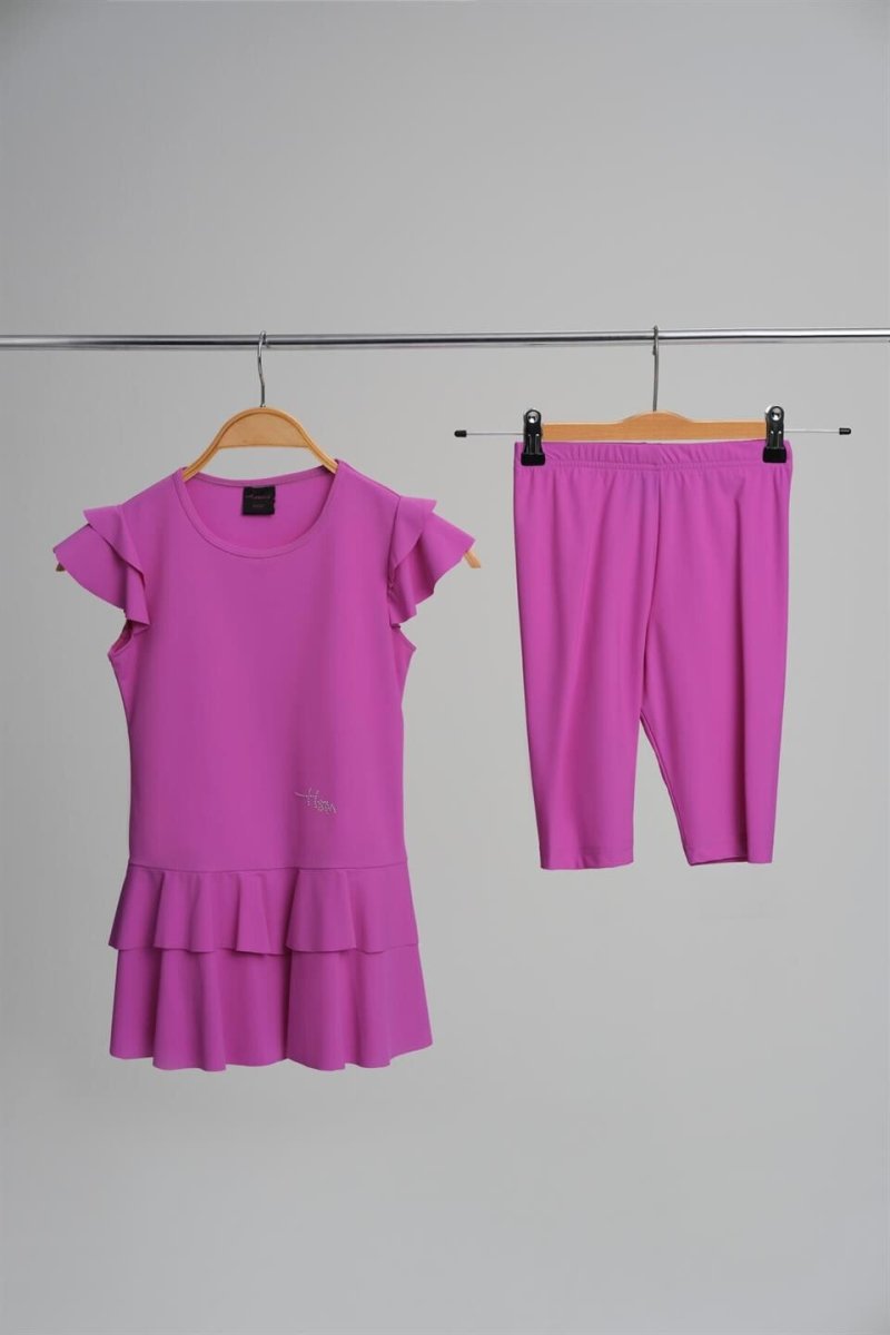 Haşema Revna Short Sleeve Lilac Girls' Pool Swimsuit Set H - 2821 - ihvan