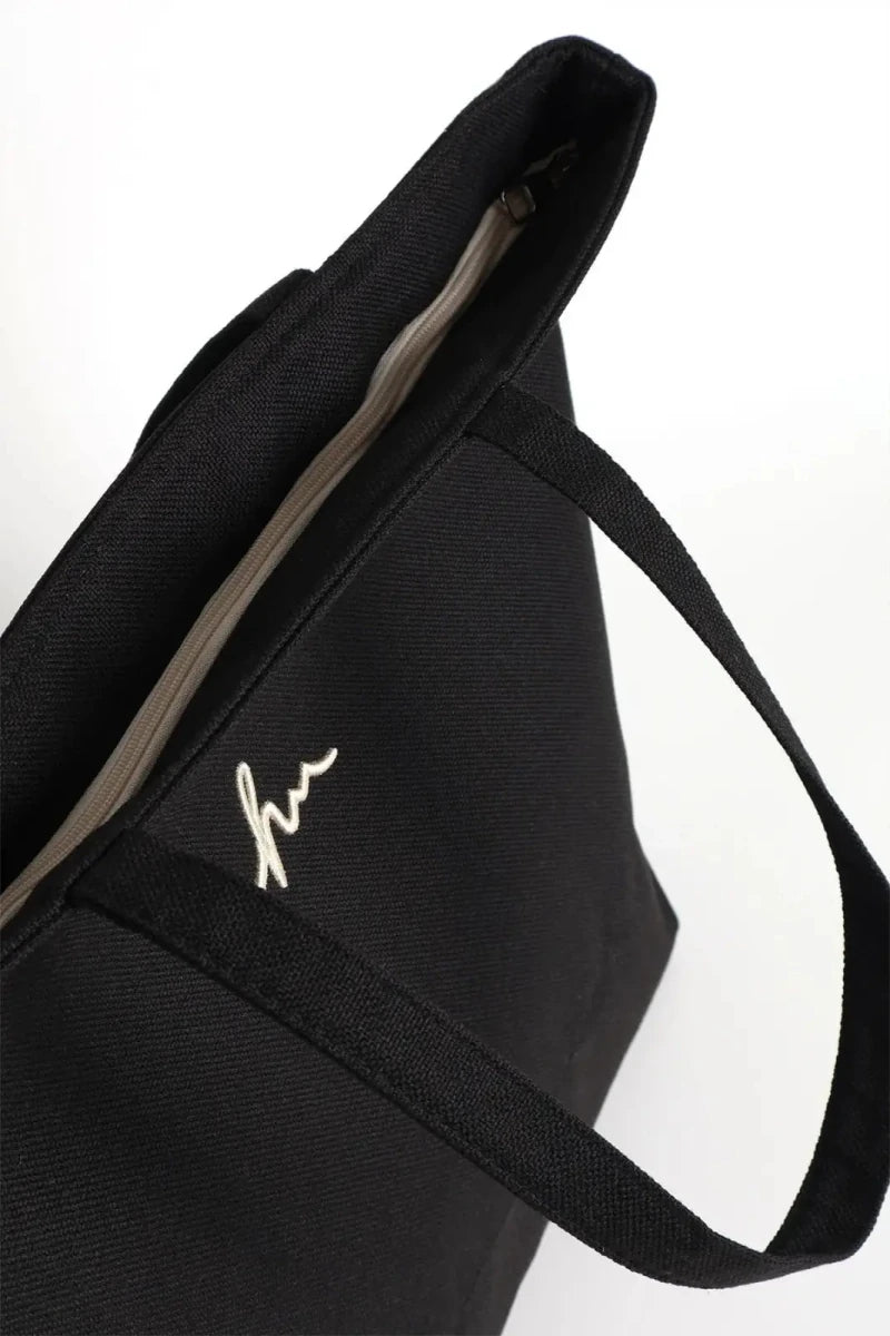 Haşema Signature Detailed Embroidered Zippered Linen Beach Bag HSM-35 Black - ihvan