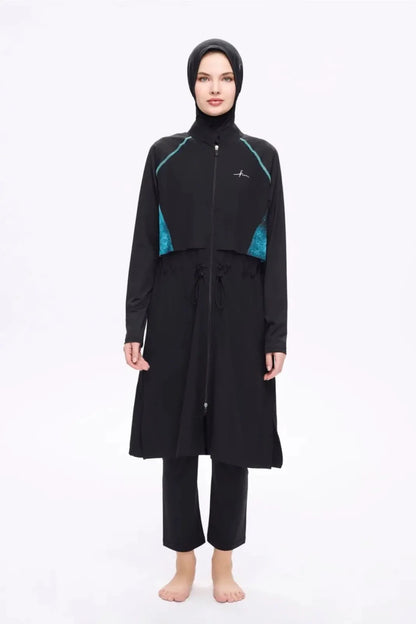 Haşema Underarm Patterned 5-Piece Full-Covered Burkini Set Quick-Drying Swimwear 5018 Black Green - ihvan