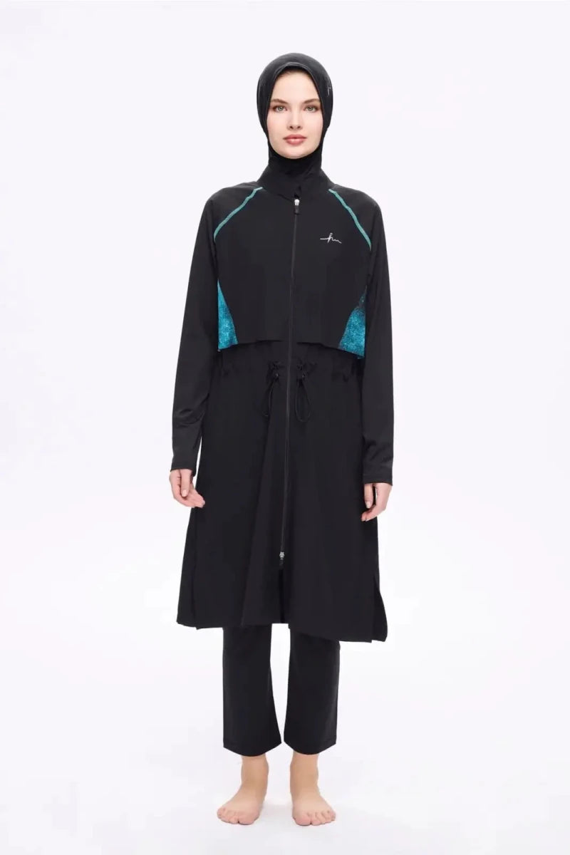 Haşema Underarm Patterned 5-Piece Full-Covered Burkini Set Quick-Drying Swimwear 5018 Black Green - ihvan