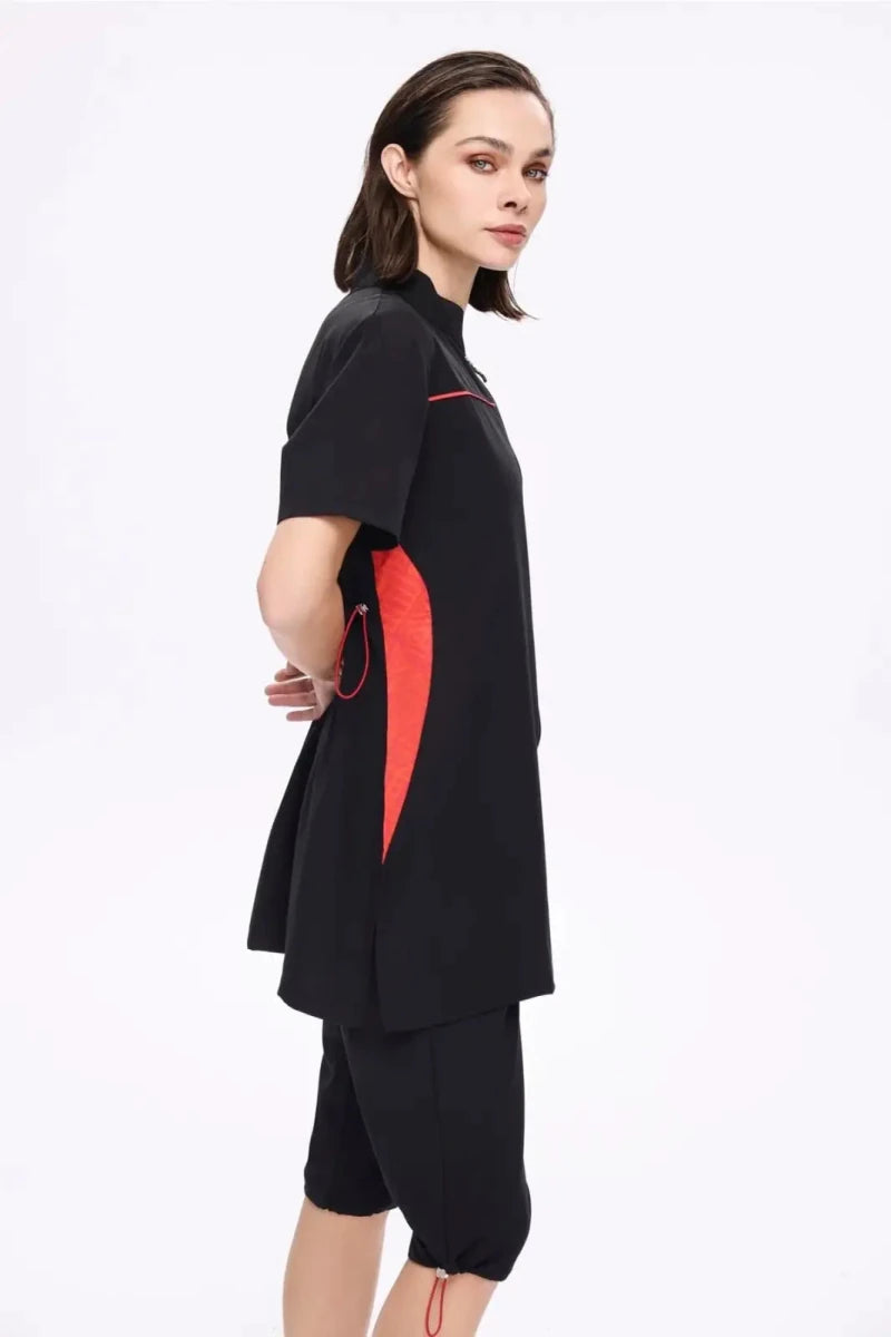 Haşema Zippered Stretch Woven 5-Piece Semi-Covered Swimwear Set Quick-Drying Burkini 5010 Black - ihvan