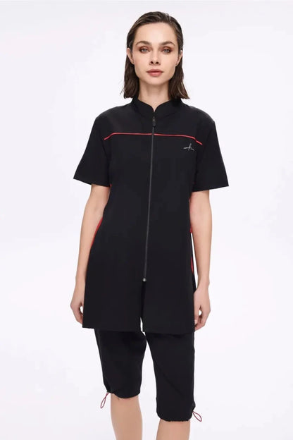 Haşema Zippered Stretch Woven 5-Piece Semi-Covered Swimwear Set Quick-Drying Burkini 5010 Black - ihvan
