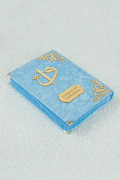 Personalized Velvet-Covered Quran Gift Set – Arabic, Medium Size, Tasbih & Bookmark – Blue