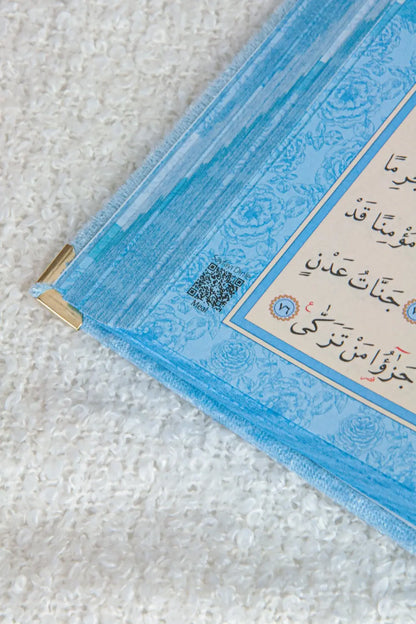 Personalized Velvet-Covered Quran Gift Set – Arabic, Medium Size, Tasbih & Bookmark – Blue