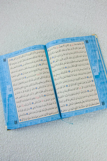 Personalized Velvet-Covered Quran Gift Set – Arabic, Medium Size, Tasbih & Bookmark – Blue