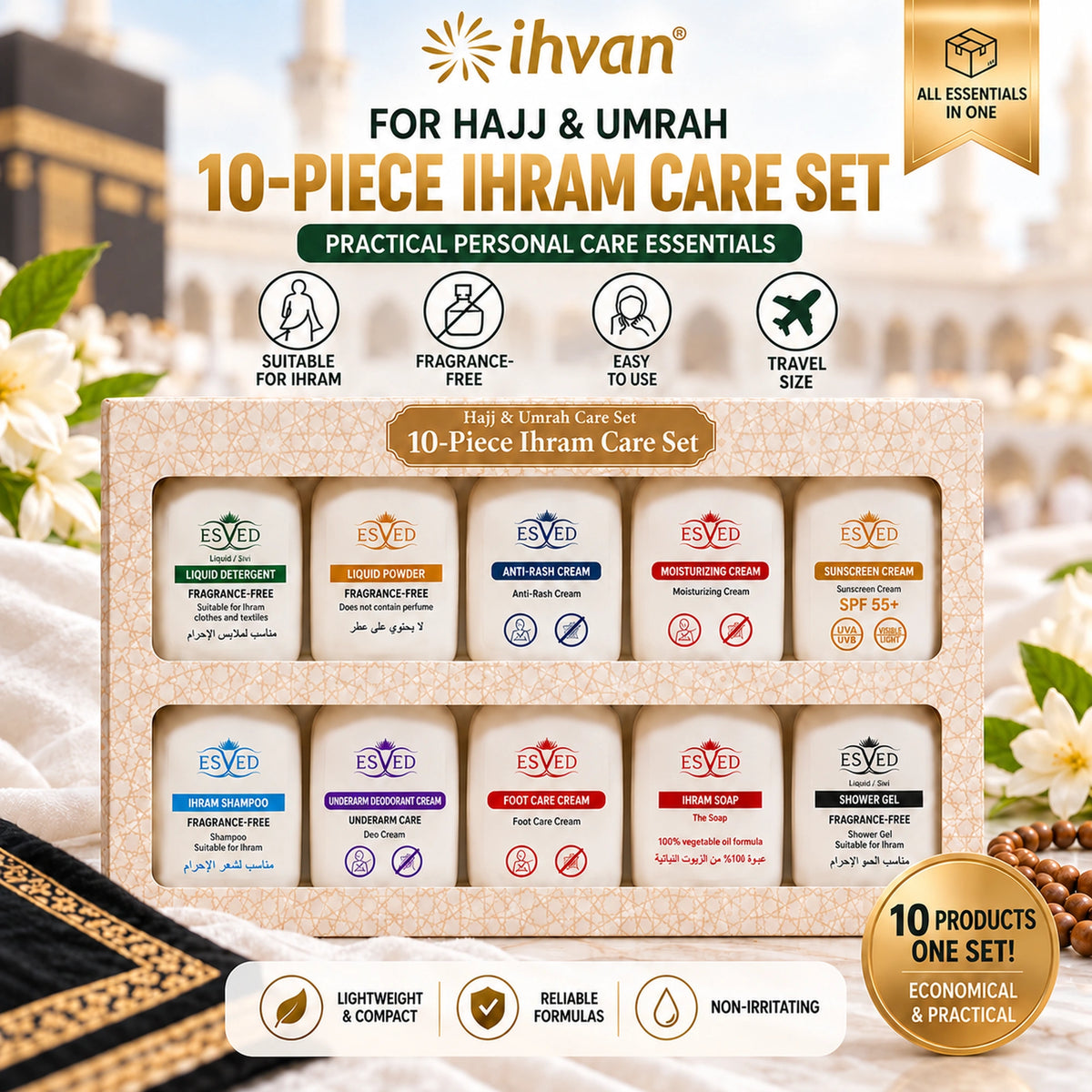 10-Piece Ihram Care Set – Fragrance-Free Hajj & Umrah Personal Care Kit