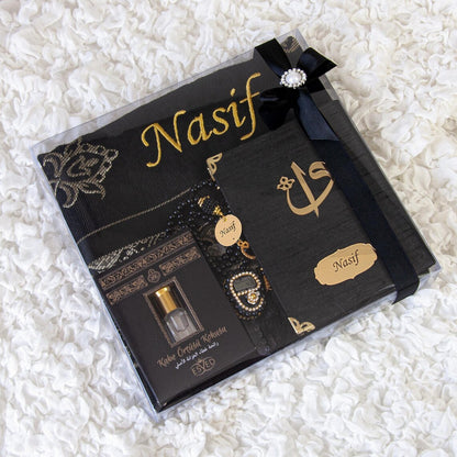 Personalized Islamic Gift Set – Prayer Rug, Yaseen Book & Tasbih with Custom Name
