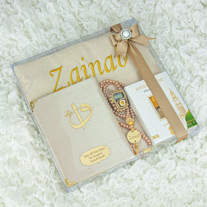 Personalized Islamic Gift Set – Prayer Rug, Yaseen Book & Tasbih with Custom Name