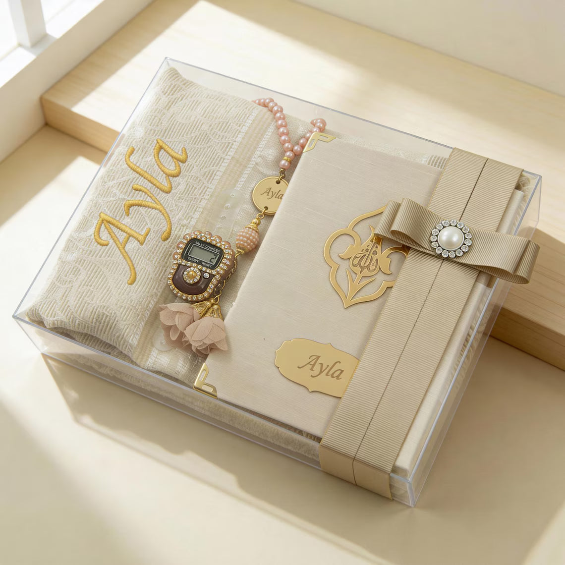 Personalized Islamic Gift Set, Prayer Mat, Yaseen Book, Tasbih