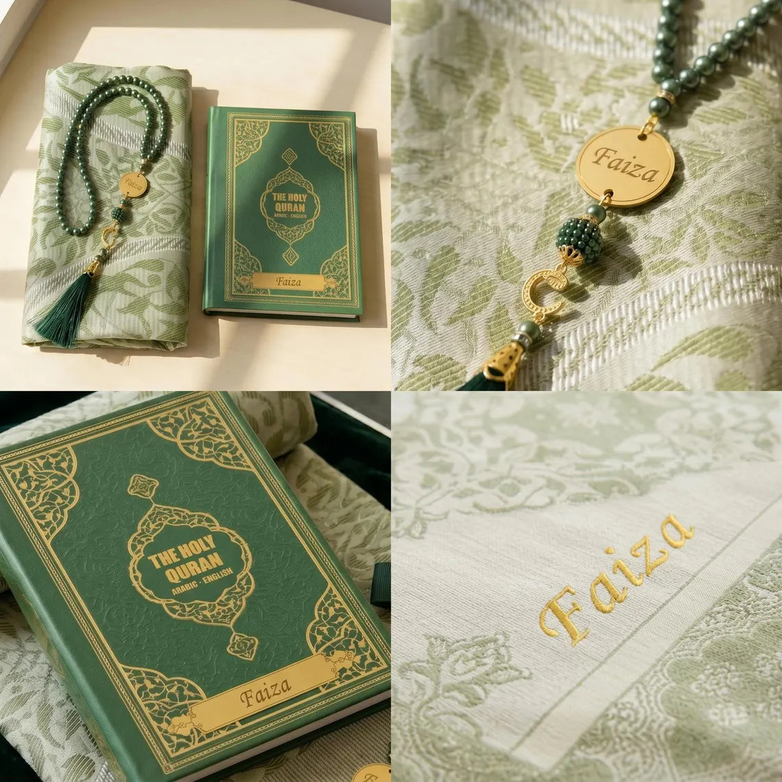 Personalized English Quran Prayer Mat Set: Muslim, Ramadan, Islamic, Eid Gift