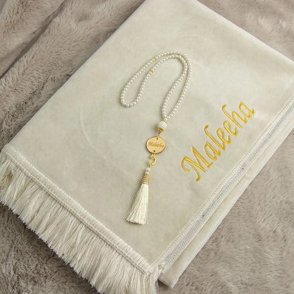 Personalized Velvet Prayer Mat and Custom Tasbeeh Green