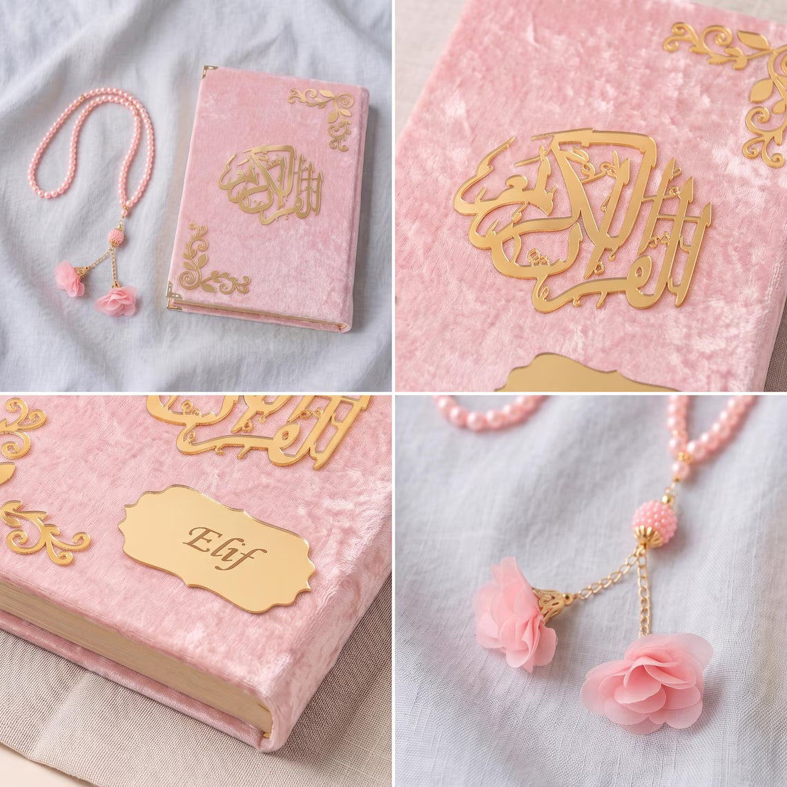 Personalized Velvet Quran and Prayer Mat Gift Set with Velvet Box and 99-Bead Tasbih Islamic Gift Wedding Favors