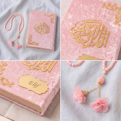 Personalized Velvet Quran and Prayer Mat Gift Set with Velvet Box and 99-Bead Tasbih Islamic Gift Wedding Favors
