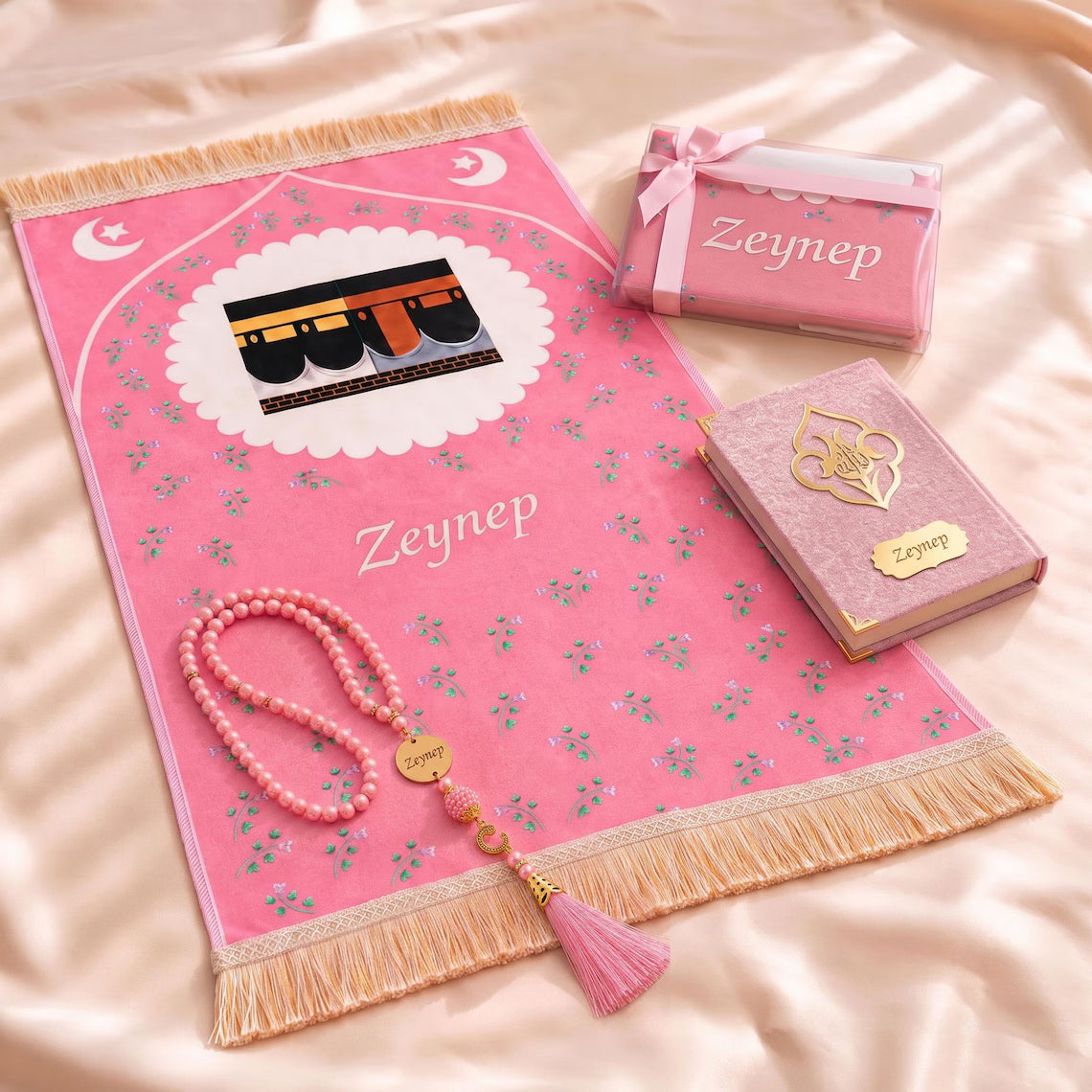 Personalized Prayer Mat for Girls, Kaaba Design and Embroidered Name, Quran and Tasbih