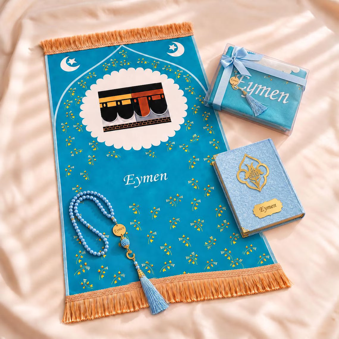 Personalized Prayer Mat for Girls, Kaaba Design and Embroidered Name, Quran and Tasbih
