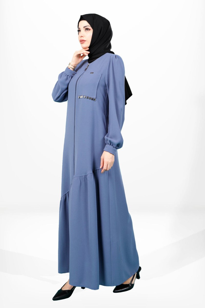 Indigo Abaya with Zipper, Stone Embellished Pocket Detail, Asymmetrical Stitching, and Skirt Detail 3898 - ihvan