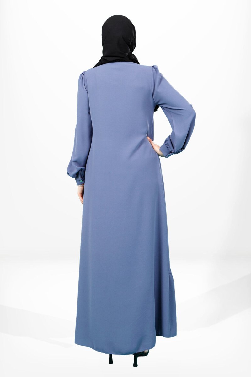 Indigo Abaya with Zipper, Stone Embellished Pocket Detail, Asymmetrical Stitching, and Skirt Detail 3898 - ihvan