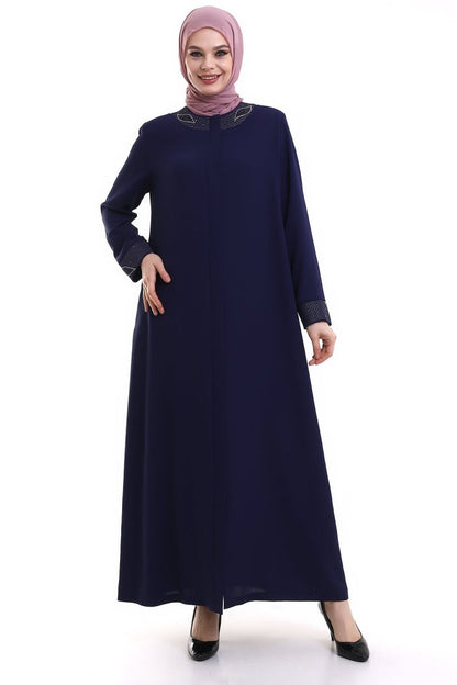 Indigo Hijab Abaya with Concealed Zipper and Crystal Embellished Collar 23300 - ihvan