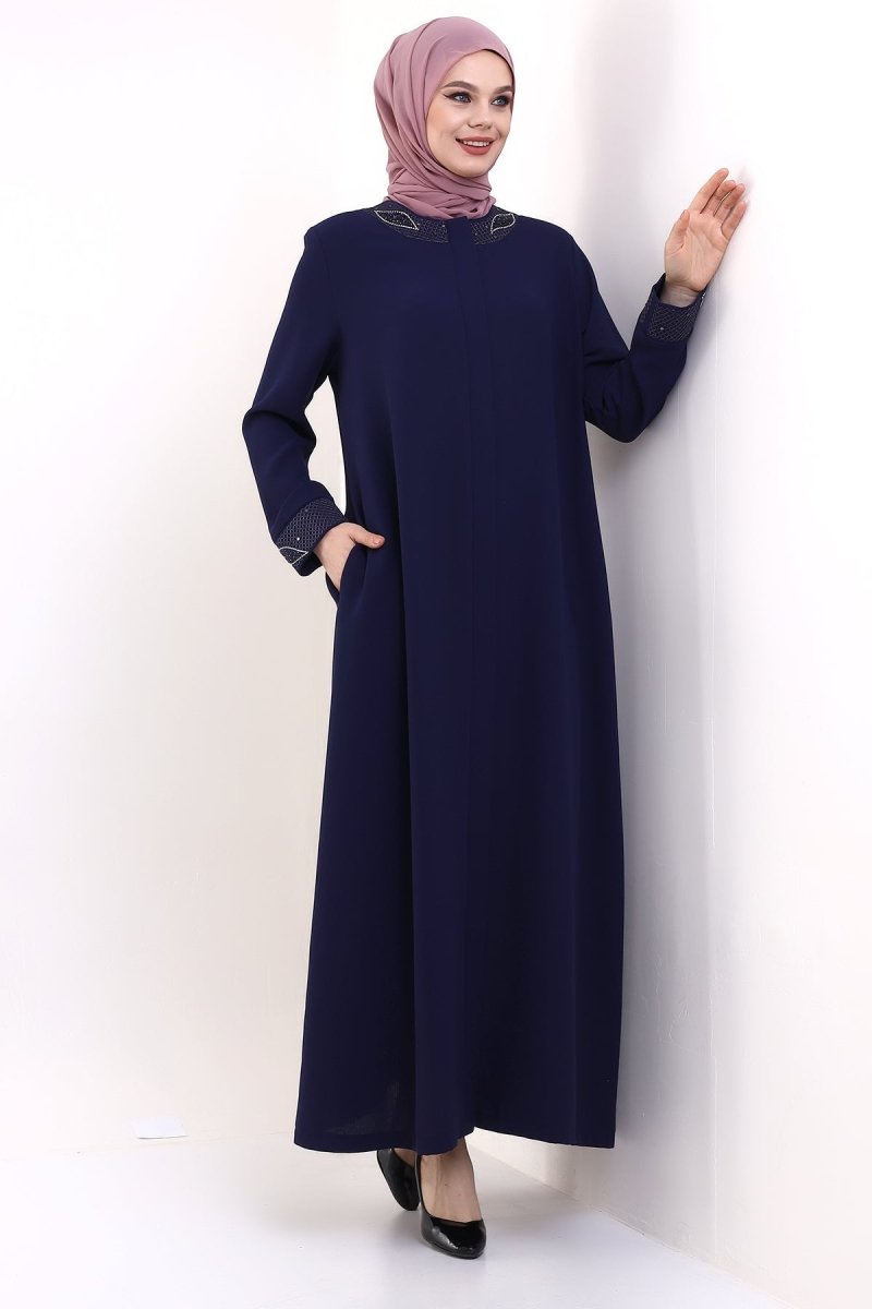 Indigo Hijab Abaya with Concealed Zipper and Crystal Embellished Collar 23300 - ihvan