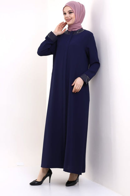 Indigo Hijab Abaya with Concealed Zipper and Crystal Embellished Collar 23300 - ihvan