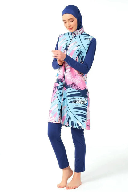 Indigo Nature Patterned Full Coverage Women's Hijab Swimsuit with Piping Trim 23433 - 25 - ihvan