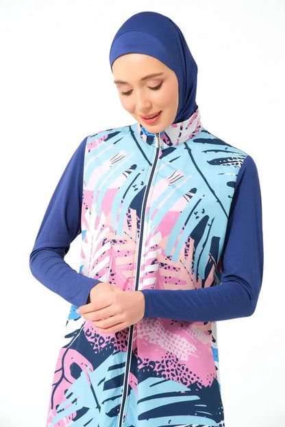 Indigo Nature Patterned Full Coverage Women's Hijab Swimsuit with Piping Trim 23433 - 25 - ihvan