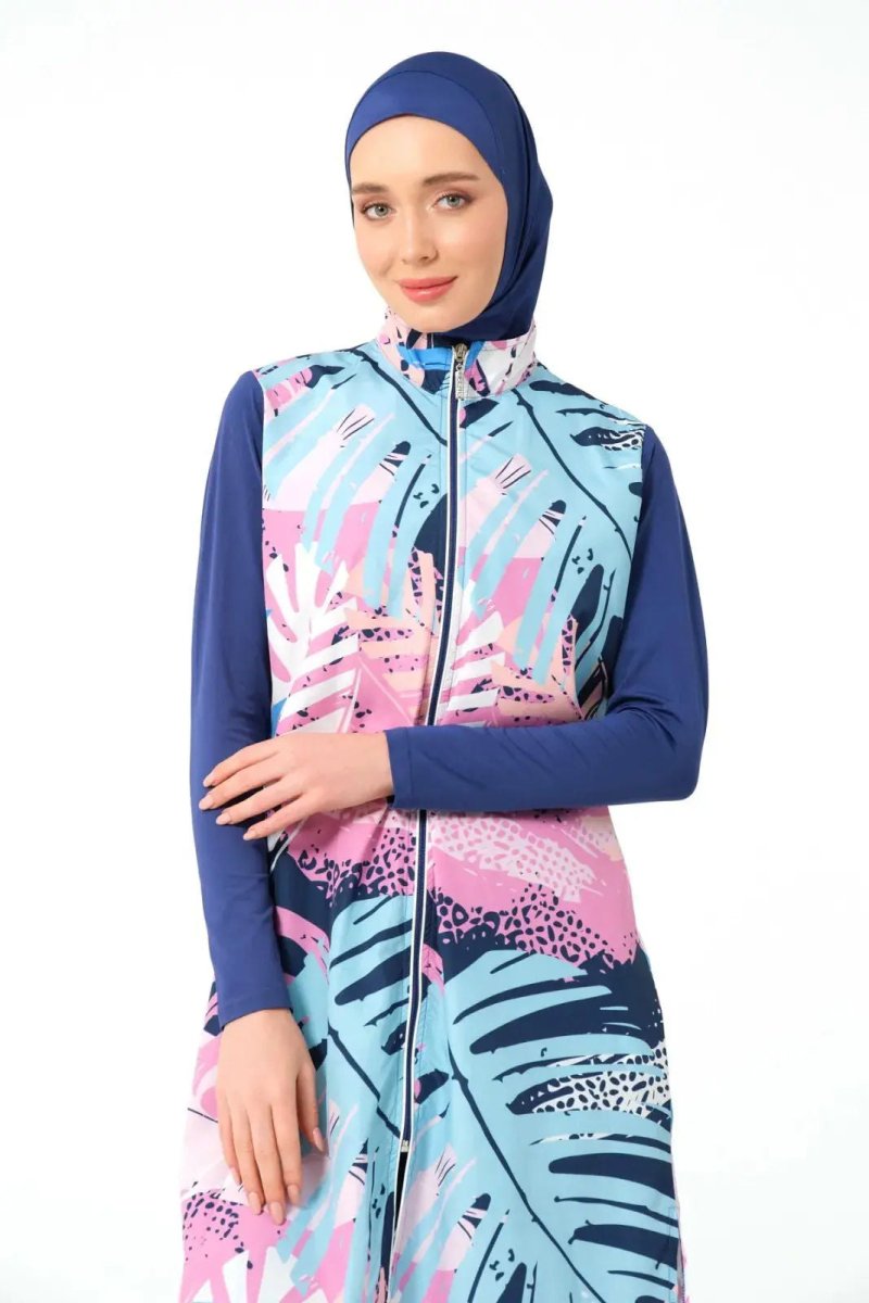 Indigo Nature Patterned Full Coverage Women's Hijab Swimsuit with Piping Trim 23433 - 25 - ihvan