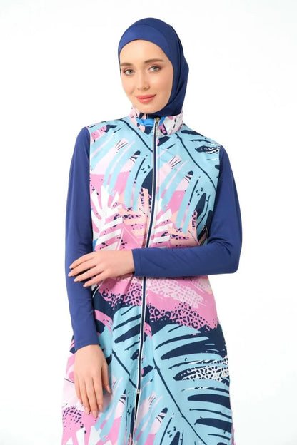 Indigo Nature Patterned Full Coverage Women's Hijab Swimsuit with Piping Trim 23433 - 25 - ihvan