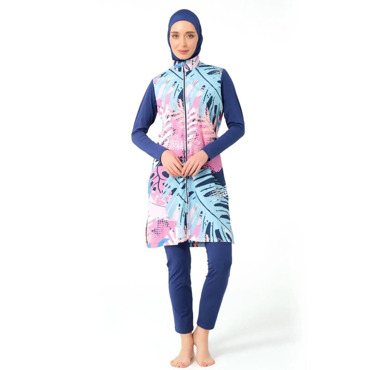 Indigo Nature Patterned Full Coverage Women's Hijab Swimsuit with Piping Trim 23433 - 25 - ihvan