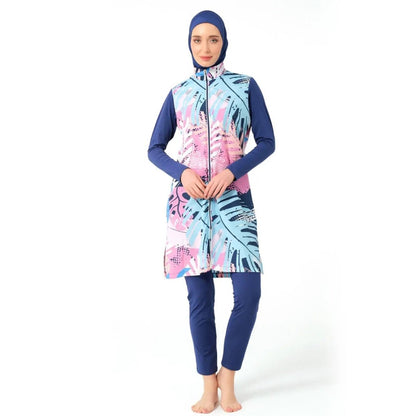 Indigo Nature Patterned Full Coverage Women's Hijab Swimsuit with Piping Trim 23433 - 25 - ihvan