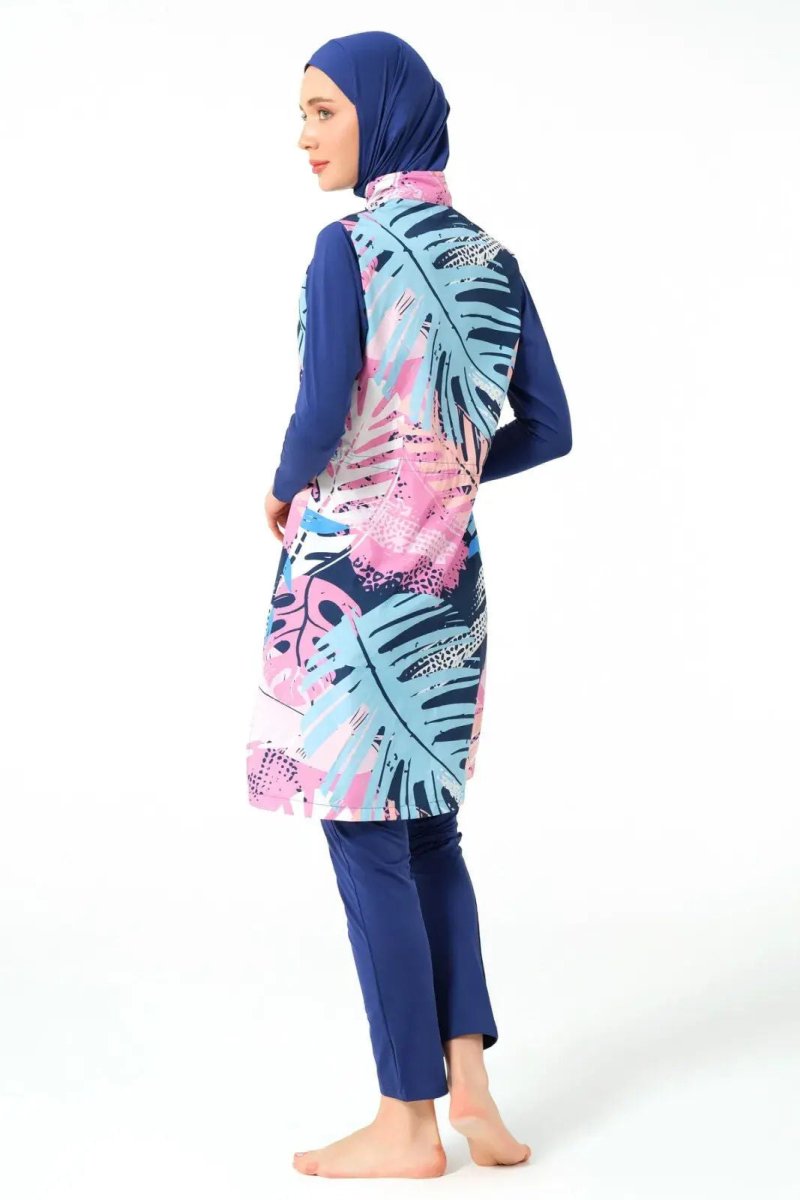 Indigo Nature Patterned Full Coverage Women's Hijab Swimsuit with Piping Trim 23433 - 25 - ihvan