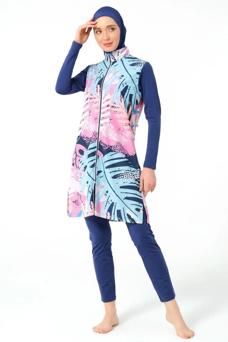 Indigo Nature Patterned Full Coverage Women's Hijab Swimsuit with Piping Trim 23433 - 25 - ihvan